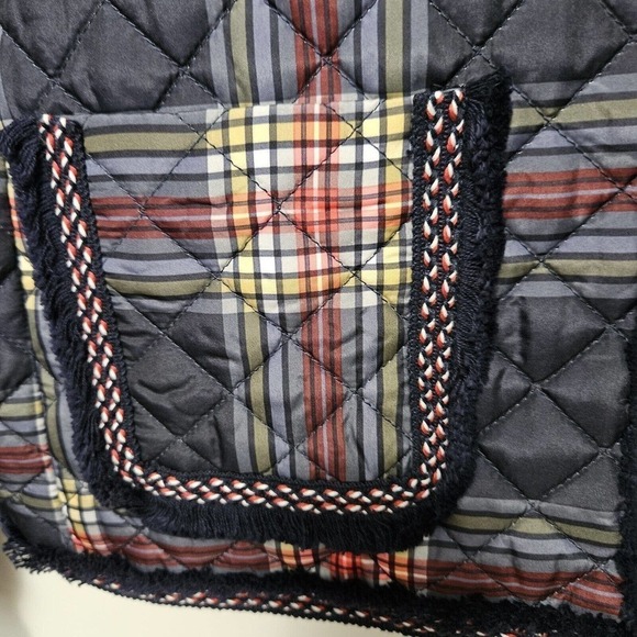 Crown & Ivy Navy Plaid Puffer Quilted Jacket Quilted Zip Front Fringe Pockets L - Picture 8 of 10